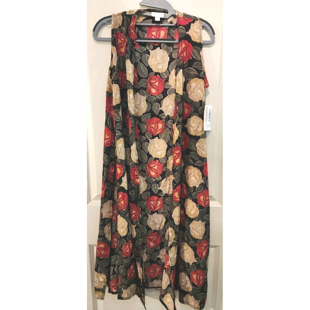 Lularoe Joy Black With Red & White Roses Small Vest Duster Unicorn